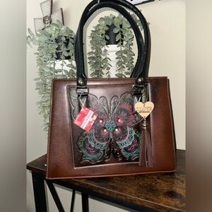 Hand-Tooled Butterfly leather Tote Bag in Brown with Black Handles